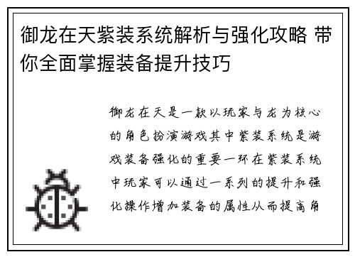御龙在天紫装系统解析与强化攻略 带你全面掌握装备提升技巧