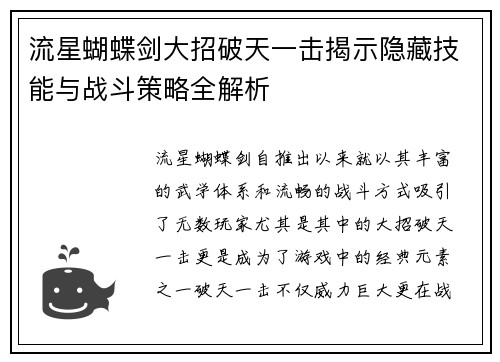 流星蝴蝶剑大招破天一击揭示隐藏技能与战斗策略全解析